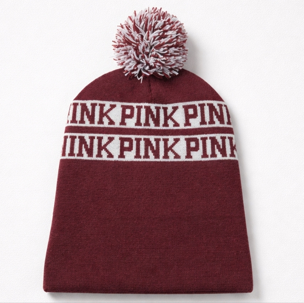 PINK Victoria's Secret Burgundy With White Logo Stripe And Pom Pom‎ Knit Beanie